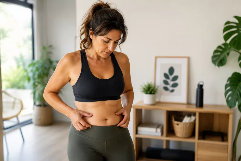 Femme après 40 ans observant sa graisse abdominale