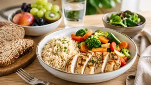 Repas équilibré avec glucides, légumes et protéines